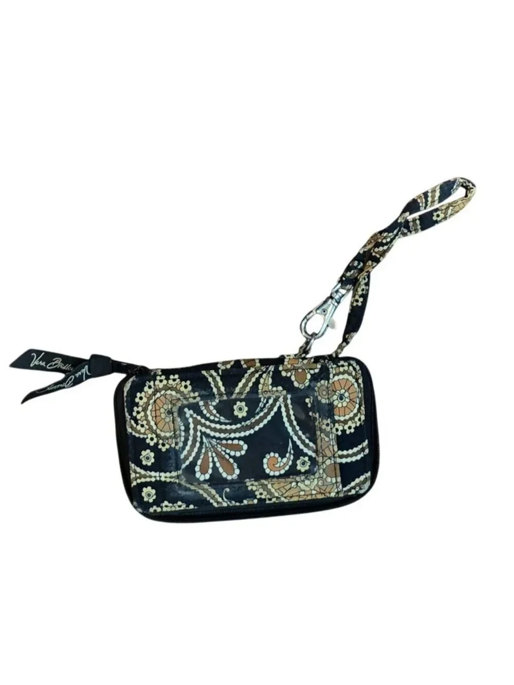 Vera Bradley Black & Beige Paisley Wristlet Wallet With ID Window & Zip Cafe Lat